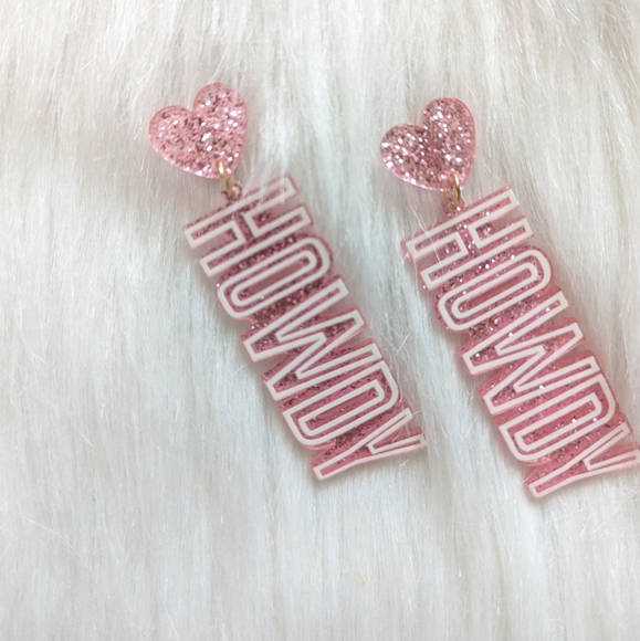 Pink and white western glitter heart howdy charm resin earrings - Picture 2 of 3